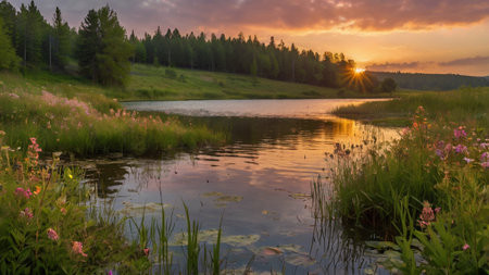 Beautiful summer landscape with river, forest and sky with clouds at sunsetの写真素材