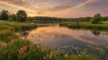 Sunset over a small river in the summer. Summer landscape.の写真素材