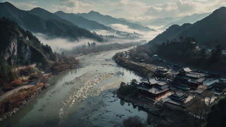 Mountain landscape with a river flowing through the valley in China.の写真素材