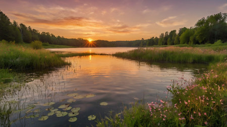 Sunset on the lake in the summer. Beautiful summer landscape.