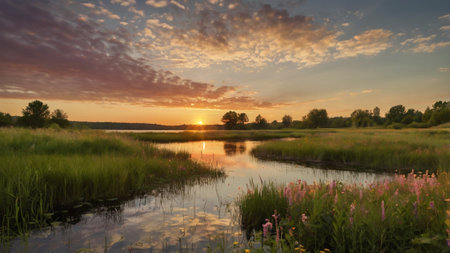 Sunset over the river in summer. Landscape with a lake.の写真素材