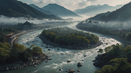 Beautiful panoramic view of the mountain river with fog.