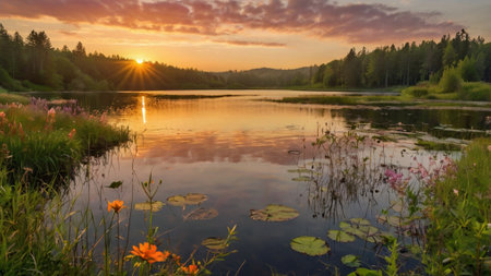 Beautiful sunset on the lake. Summer landscape. Russia, Ural.の写真素材