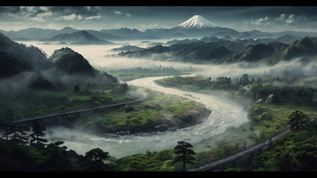 Mt. Fuji in the morning with fog and a river.の写真素材