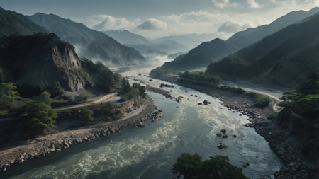 Panoramic view of a mountain river in the Himalayasの写真素材