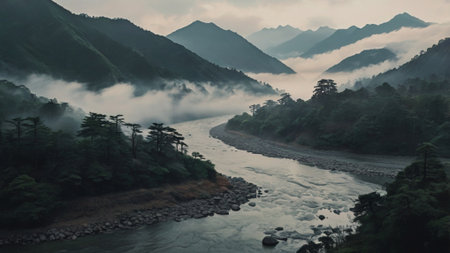 Mountain landscape with river and foggy morningの写真素材