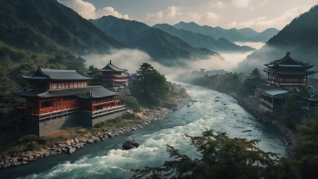 Temple on the background of the mountain river.の写真素材