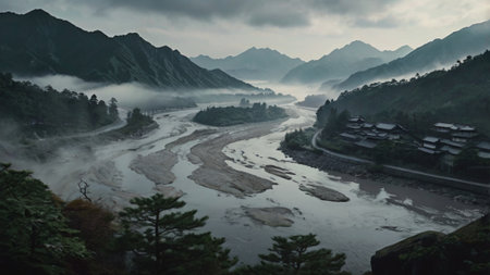 Mountain landscape with river and fog in the morning, China.の写真素材