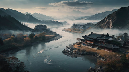 Beautiful landscape with a river and ancient architecture in a mountainous region.の写真素材