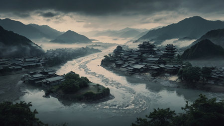 Panoramic view of Hengshan, China. Hengshan is a UNESCO World Heritage Site.の写真素材