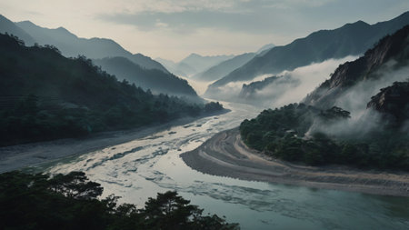 Mountain and river landscape in the misty morning, China.の写真素材