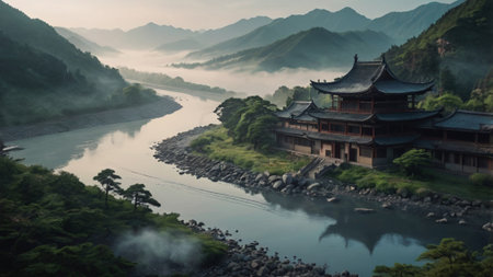 Landscape view of a serene river with traditional architecture and mountains in the background.の写真素材