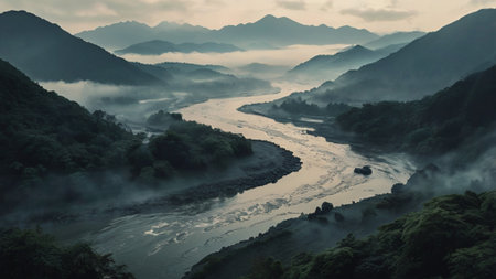 Mountain landscape with river and fog in the morning, Taipei, Taiwanの写真素材