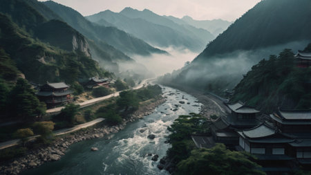 Mountain landscape with a river flowing through the valley in the morningの写真素材