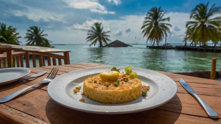 A plate of omelette on a wooden table at Maldivesの写真素材