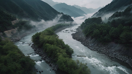 Beautiful view of the river in the mountains with fog in the morningの写真素材