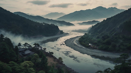 Mountain landscape with river and fog in the morning.の写真素材