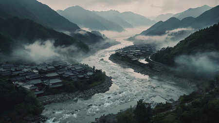 Landscape of a small village in the highlands of China.の写真素材