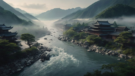 Landscape view of a temple by the riverの写真素材