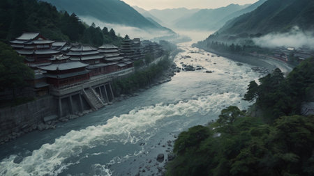 Beautiful view of the mountains and the riverの写真素材