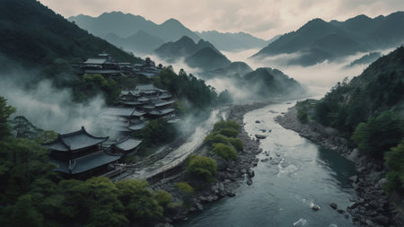 Mountain landscape with a river flowing through the valley in the fogの写真素材