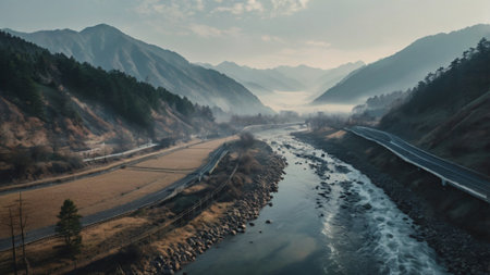 Panoramic view of the mountain river in the fog. Mountain landscape.の写真素材