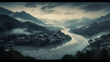 Panoramic view of Hengshan, a village on the bank of the Huangshan River in Chinaの写真素材