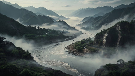 Mountain landscape with river and fog in Yunnan, China.の写真素材
