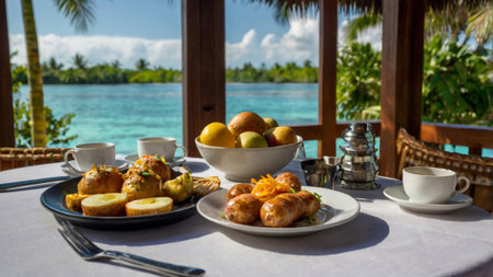 Breakfast on a tropical beach in the Maldives. On the table are two cups of coffee, croissants and...