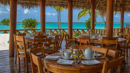 Tables and chairs at a tropical beach restaurant in Cayo Largo, Cubaの写真素材