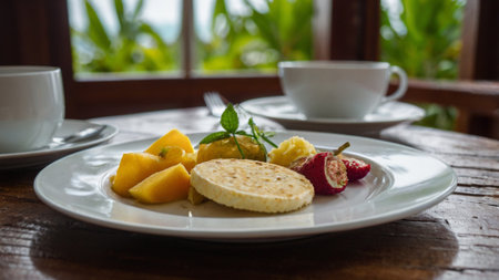 Pancakes with mango and cup of coffee on the table.の写真素材