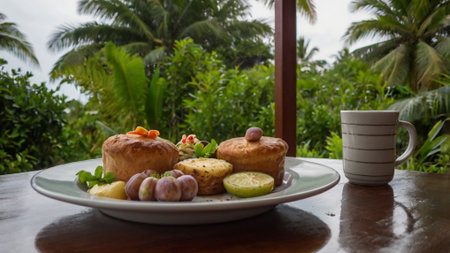 Traditional breakfast in Sri Lanka. Coffee, fruits and buns.