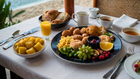 Breakfast with coffee, croissants and fruits on the beach
