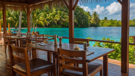 Tropical restaurant on the beach in Maldives - nature backgroundの写真素材