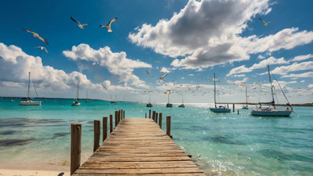 Beautiful seascape with sailboats and wooden pier in Arubaの写真素材