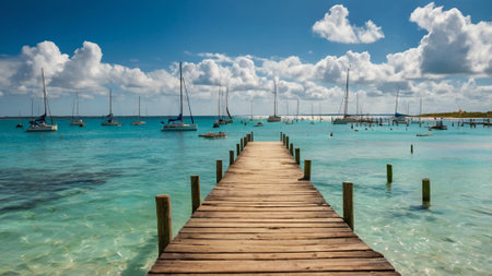 Beautiful seascape with wooden jetty and sailboats in Cayo Largo, Cubaの写真素材