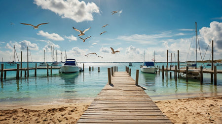 Seagulls flying over a jetty in the Caribbean Seaの写真素材