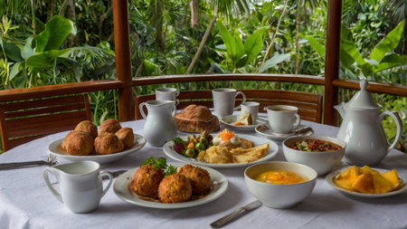 Breakfast served on a terrace in a tropical hotel, Costa Ricaの写真素材