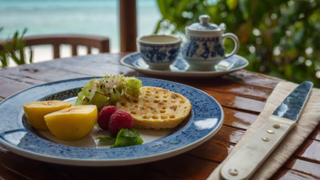 Breakfast on the tropical beach with waffles, fruit and teaの写真素材