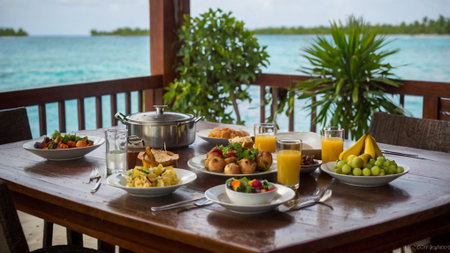 Tropical breakfast on the wooden table in the Maldives.の写真素材