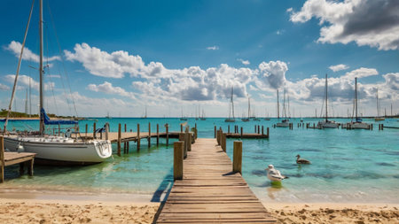 Wooden pier with sailing boats in Cayo Largo, Cuba.の写真素材