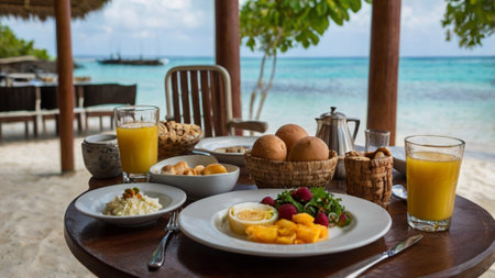 Tropical breakfast on the beach.の写真素材