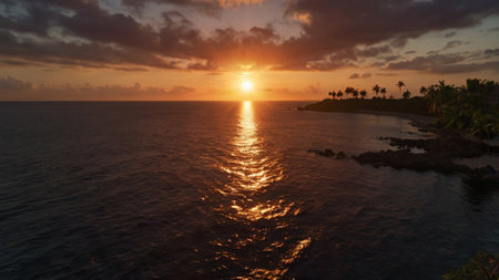 Aerial view of beautiful sunset over the ocean with palm trees.の写真素材