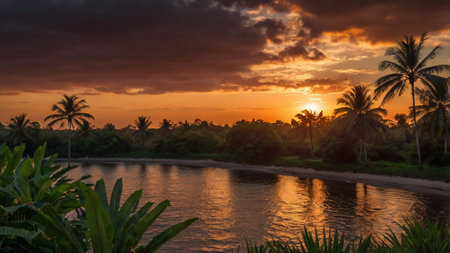 Palm trees and river at sunset in Kerala, South India.