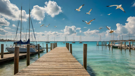 Wooden pier and seagulls in Cayo Largo, Cubaの写真素材