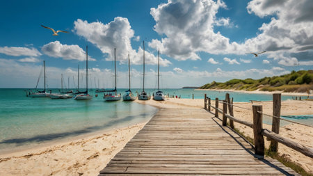 Wooden pier on a tropical beach with boats and seagulls