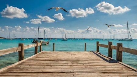 wooden pier with seagulls and boats on the backgroundの写真素材