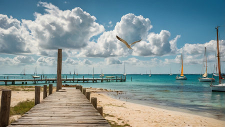 Wooden pier and seagulls on the beach in Cayo Largo, Cubaの写真素材