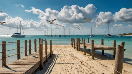 Wooden pier with seagulls in Cayo Largo, Cubaの写真素材