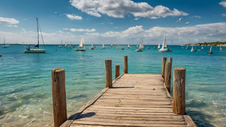 Wooden pier and sailboats on the turquoise Mediterranean seaの写真素材